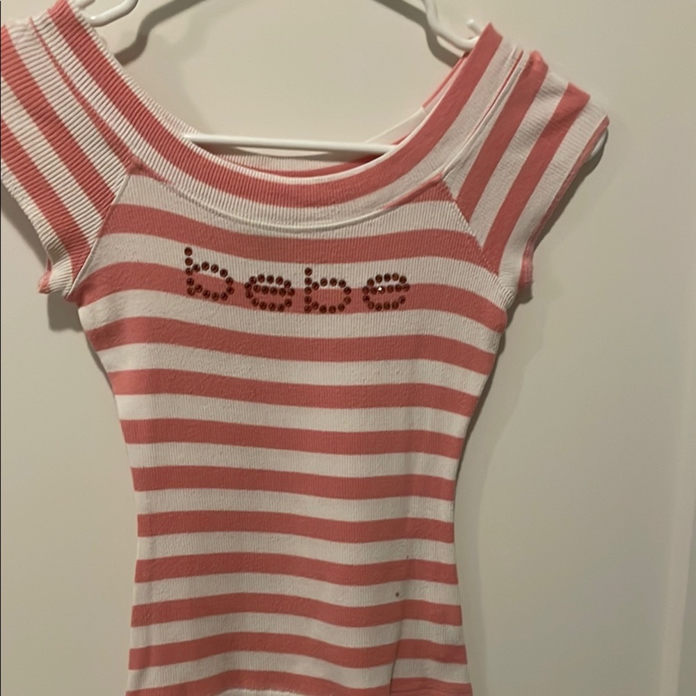 Bebe Striped Pink & White Off-Shoulder Knit Top with Studded Logo
